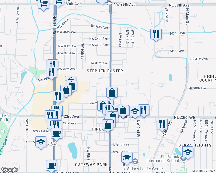 map of restaurants, bars, coffee shops, grocery stores, and more near 2711 Northwest 6th Street in Gainesville
