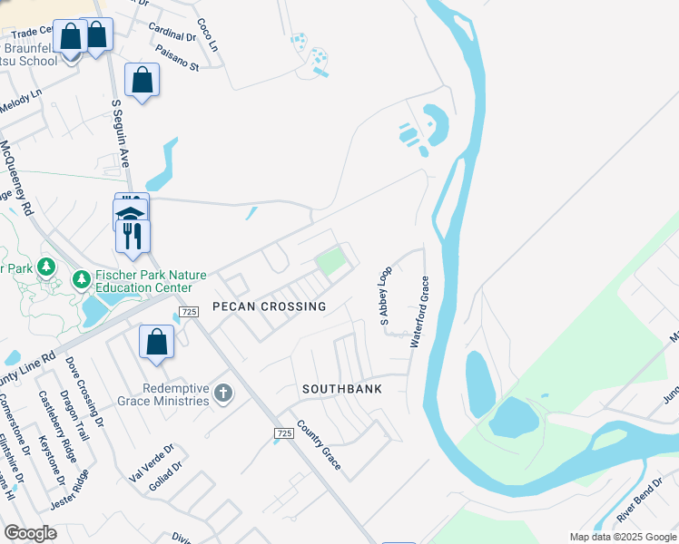 map of restaurants, bars, coffee shops, grocery stores, and more near 467 Pecan Meadows in New Braunfels