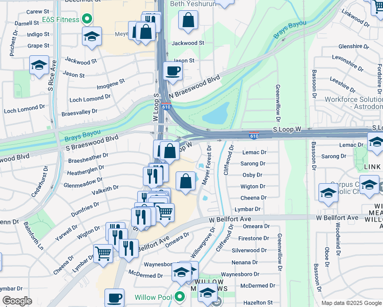 map of restaurants, bars, coffee shops, grocery stores, and more near 9550 Meyer Forest Drive in Houston