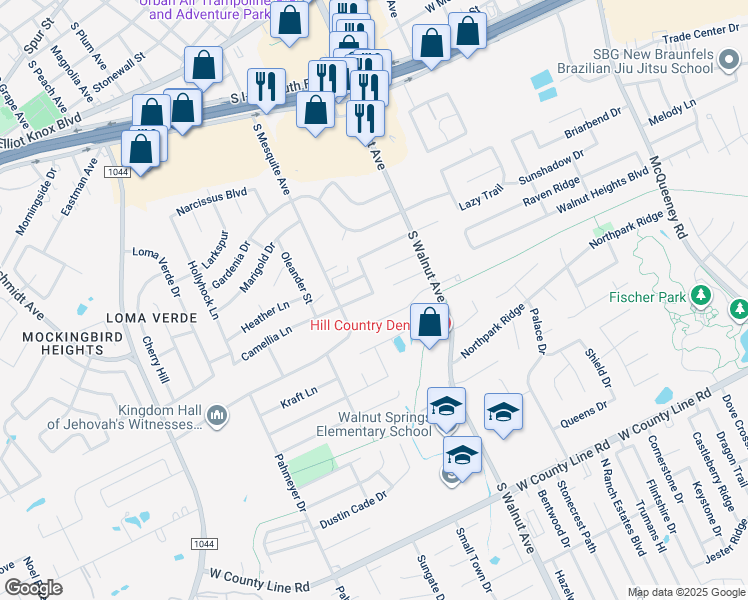 map of restaurants, bars, coffee shops, grocery stores, and more near 1333 Camellia Lane in New Braunfels