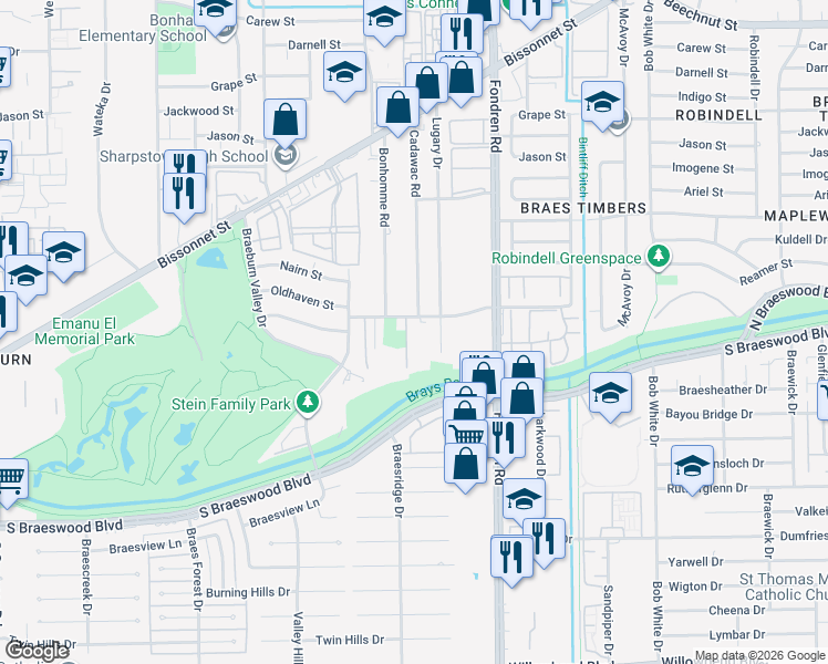map of restaurants, bars, coffee shops, grocery stores, and more near 7 Tree Frog Drive in Houston