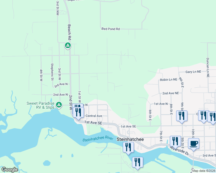 map of restaurants, bars, coffee shops, grocery stores, and more near 2nd Street East in Steinhatchee