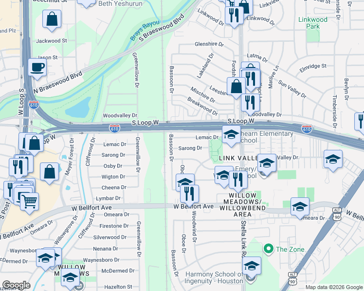 map of restaurants, bars, coffee shops, grocery stores, and more near 4141 Sarong Drive in Houston