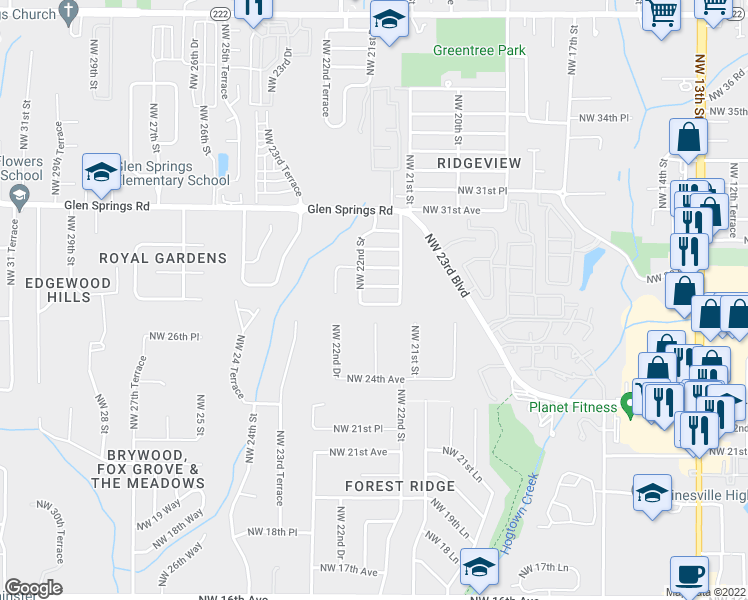 map of restaurants, bars, coffee shops, grocery stores, and more near 2148 Northwest 28th Avenue in Gainesville