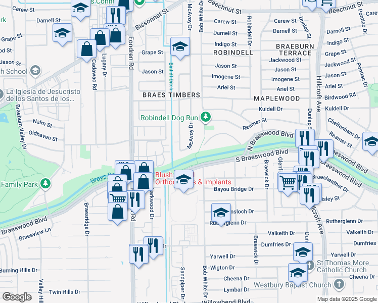 map of restaurants, bars, coffee shops, grocery stores, and more near 9315 McAvoy Drive in Houston