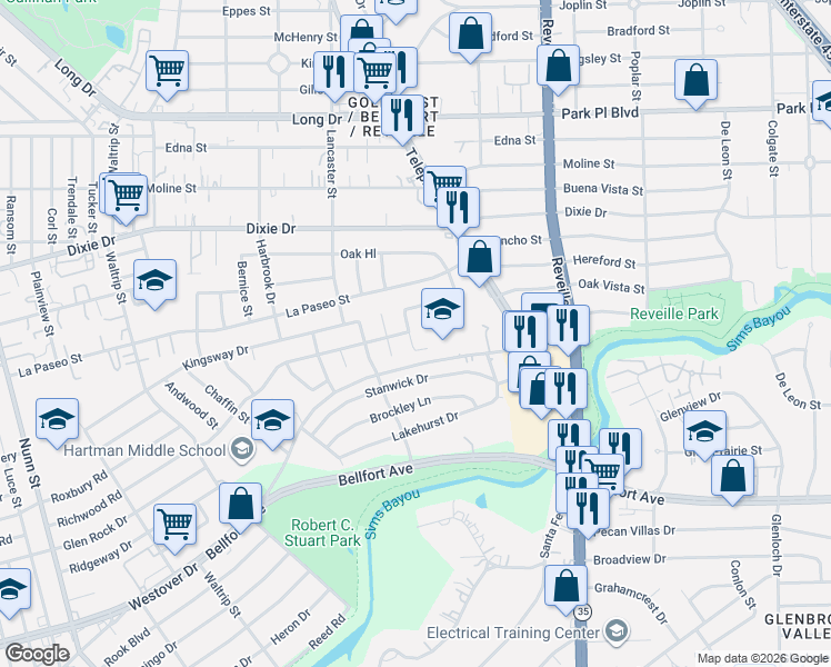map of restaurants, bars, coffee shops, grocery stores, and more near 7475 Westover Street in Houston