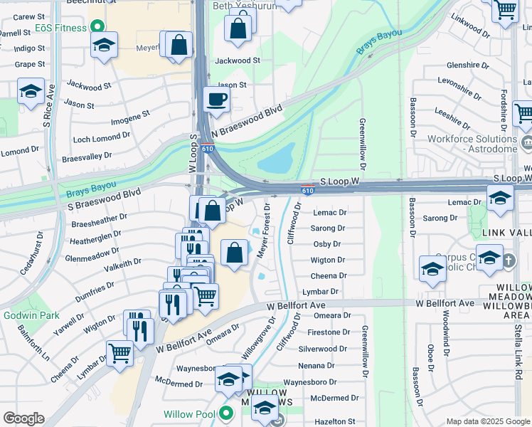 map of restaurants, bars, coffee shops, grocery stores, and more near 9550 Meyer Forest Drive in Houston