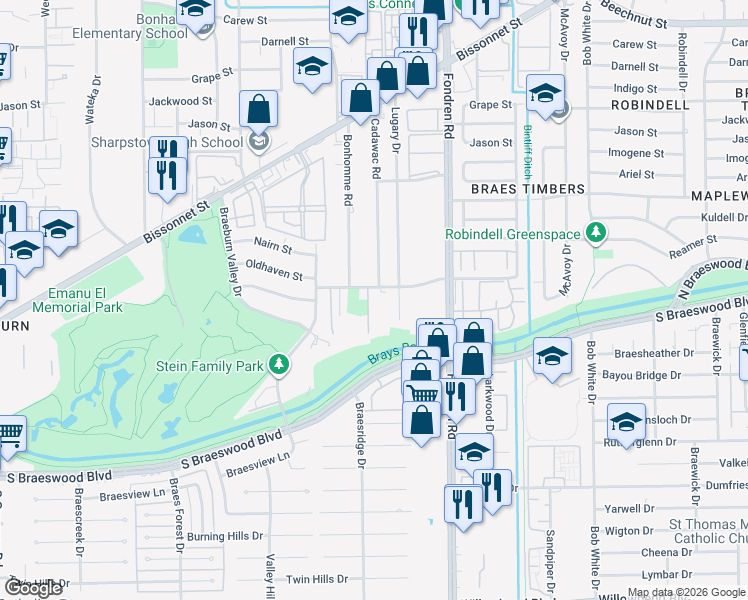 map of restaurants, bars, coffee shops, grocery stores, and more near 7 Tree Frog Drive in Houston