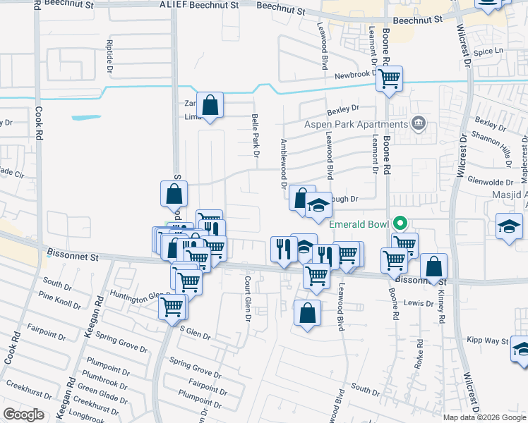 map of restaurants, bars, coffee shops, grocery stores, and more near 9307 Belle Park Drive in Houston