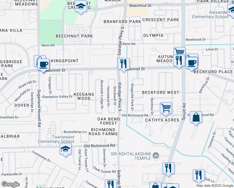 map of restaurants, bars, coffee shops, grocery stores, and more near 9419 Stockwell Street in Houston