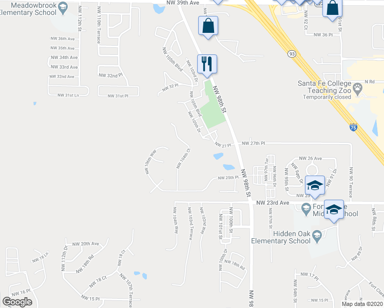 map of restaurants, bars, coffee shops, grocery stores, and more near 2631 Northwest 104th Court in Gainesville