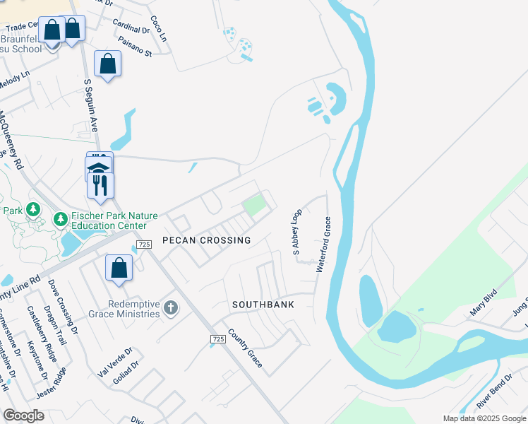 map of restaurants, bars, coffee shops, grocery stores, and more near 475 Pecan Meadows in New Braunfels
