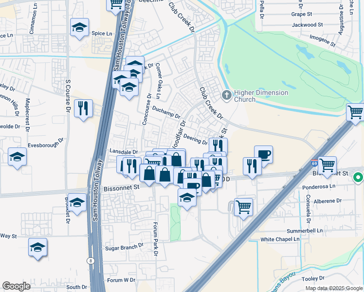 map of restaurants, bars, coffee shops, grocery stores, and more near 9896 Woodfair Drive in Houston