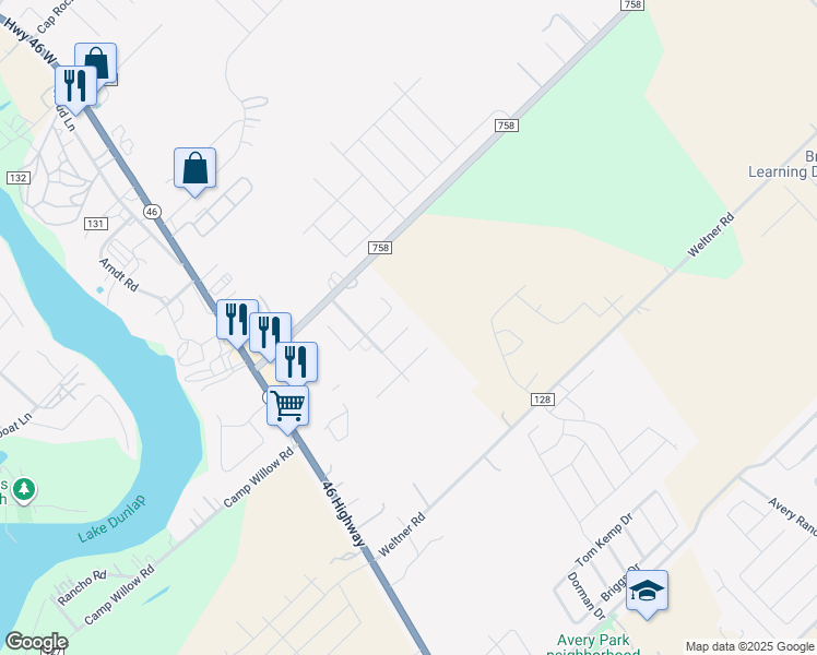 map of restaurants, bars, coffee shops, grocery stores, and more near Catfish Rapids in New Braunfels