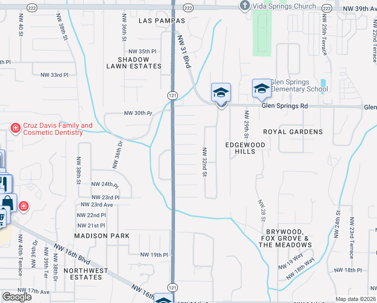 map of restaurants, bars, coffee shops, grocery stores, and more near 3301 Northwest 28th Avenue in Gainesville
