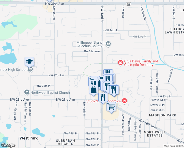 map of restaurants, bars, coffee shops, grocery stores, and more near 2632 Northwest 43rd Street in Gainesville