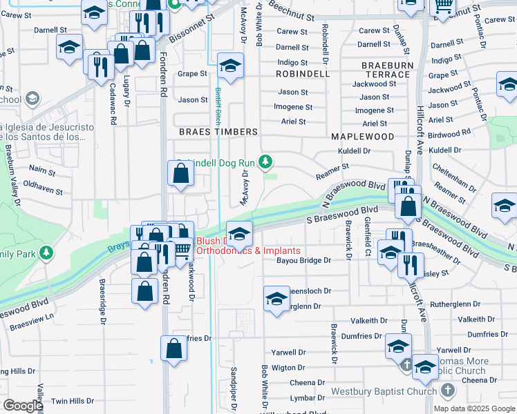 map of restaurants, bars, coffee shops, grocery stores, and more near 9315 McAvoy Drive in Houston