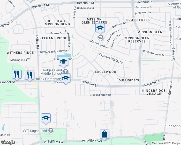 map of restaurants, bars, coffee shops, grocery stores, and more near 16306 Pebble Crest Lane in Houston