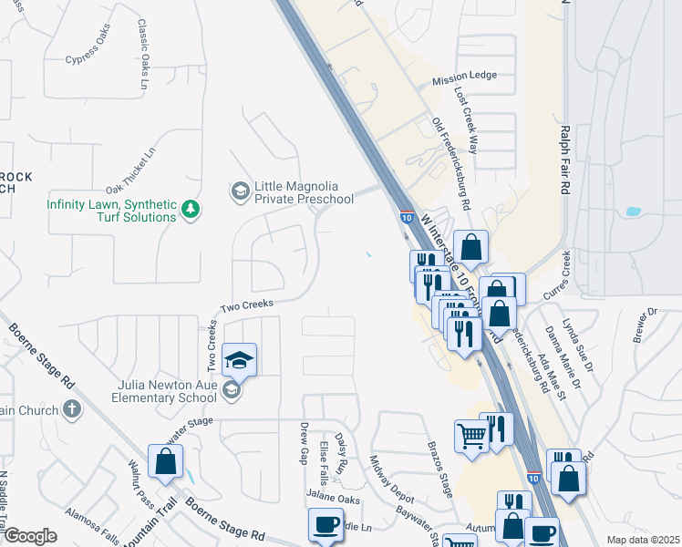 map of restaurants, bars, coffee shops, grocery stores, and more near 25500 Two Creeks in San Antonio