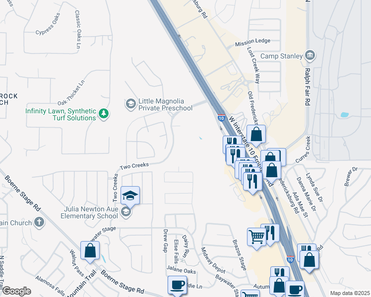 map of restaurants, bars, coffee shops, grocery stores, and more near 25500 Two Creeks in San Antonio