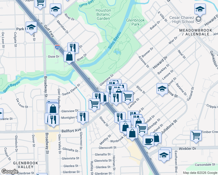 map of restaurants, bars, coffee shops, grocery stores, and more near 8311 Winkler Drive in Houston