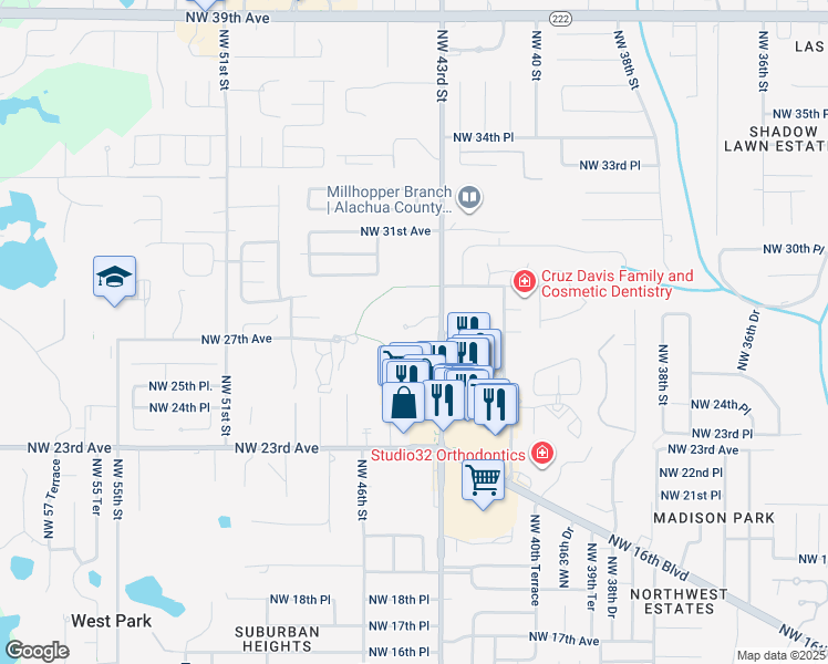 map of restaurants, bars, coffee shops, grocery stores, and more near 2632 Northwest 43rd Street in Gainesville
