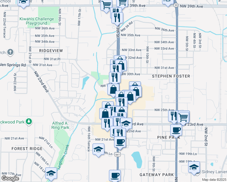 map of restaurants, bars, coffee shops, grocery stores, and more near in Gainesville