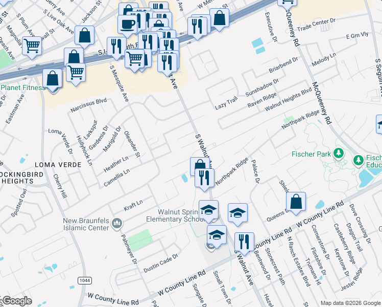 map of restaurants, bars, coffee shops, grocery stores, and more near 1188 Legacy Drive in New Braunfels