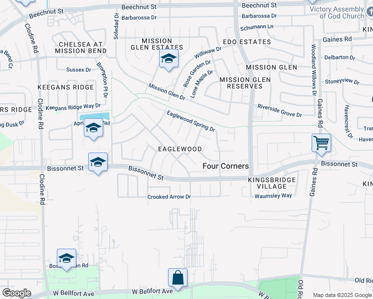 map of restaurants, bars, coffee shops, grocery stores, and more near 9523 Flying Eagle Court in Houston