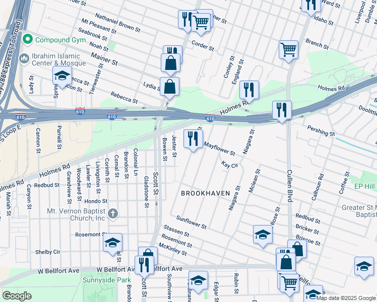 map of restaurants, bars, coffee shops, grocery stores, and more near 1108 Danube Street in Houston