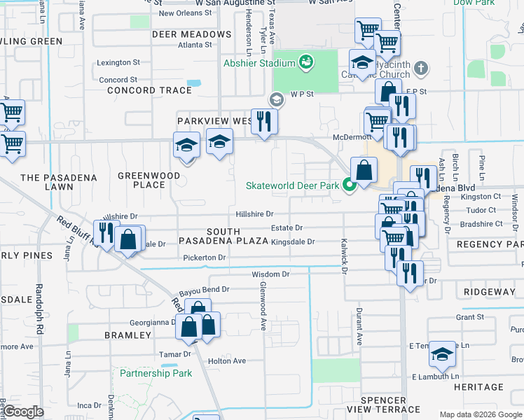 map of restaurants, bars, coffee shops, grocery stores, and more near 2409 Estate Drive in Deer Park