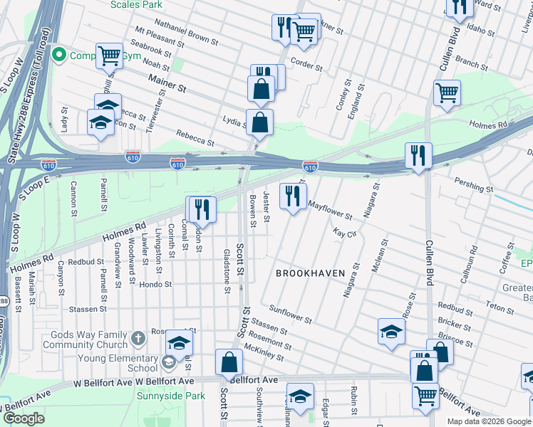 map of restaurants, bars, coffee shops, grocery stores, and more near 7811 Jester Street in Houston