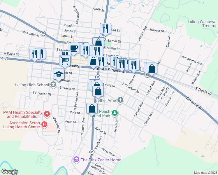 map of restaurants, bars, coffee shops, grocery stores, and more near 321 South Cedar Avenue in Luling