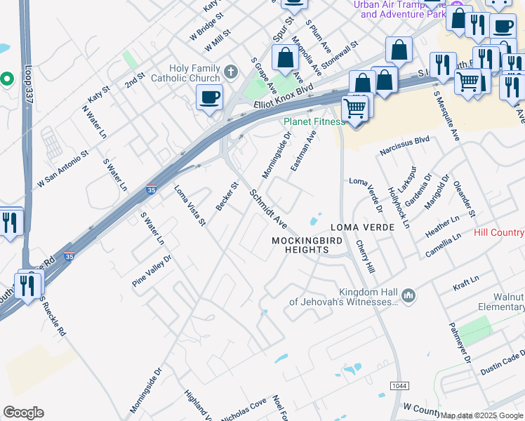 map of restaurants, bars, coffee shops, grocery stores, and more near 651 Osprey Lane in New Braunfels