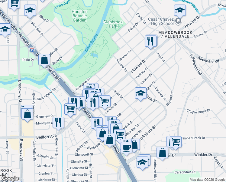 map of restaurants, bars, coffee shops, grocery stores, and more near 8056 Barkley Street in Houston
