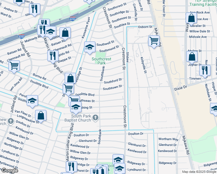 map of restaurants, bars, coffee shops, grocery stores, and more near 5930 Southtown Street in Houston