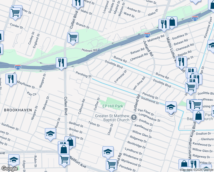 map of restaurants, bars, coffee shops, grocery stores, and more near 4934 Southwind Street in Houston
