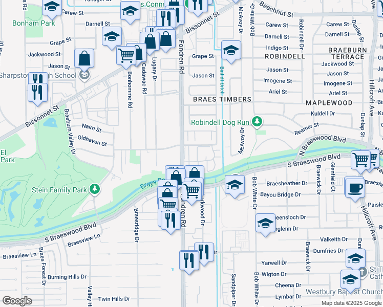 map of restaurants, bars, coffee shops, grocery stores, and more near 6637 Wanda Lane in Houston