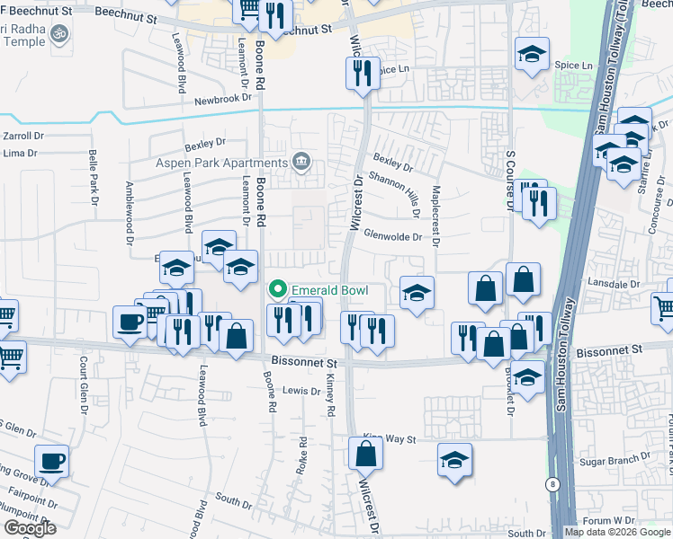 map of restaurants, bars, coffee shops, grocery stores, and more near 9402 Wilcrest Drive in Houston