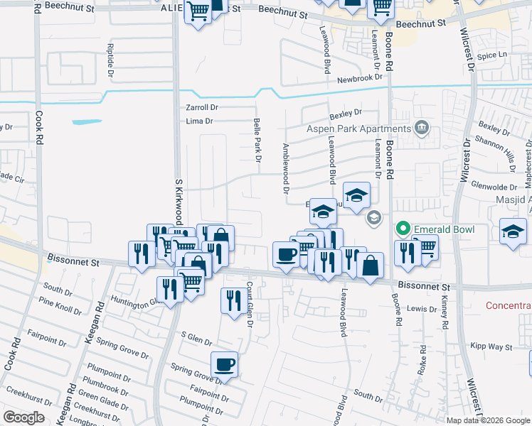 map of restaurants, bars, coffee shops, grocery stores, and more near 9307 Belle Park Drive in Houston