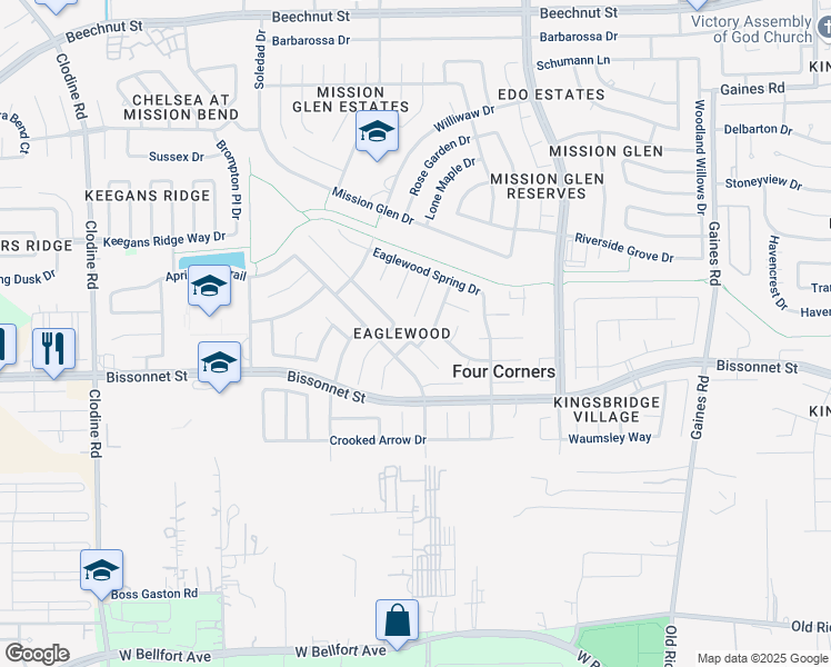 map of restaurants, bars, coffee shops, grocery stores, and more near 9523 Flying Eagle Court in Houston