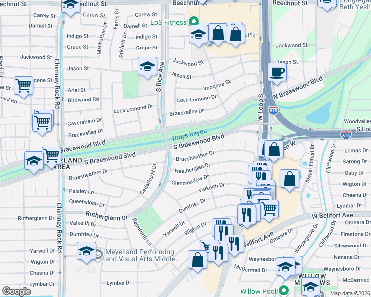 map of restaurants, bars, coffee shops, grocery stores, and more near 5018 Braesheather Drive in Houston