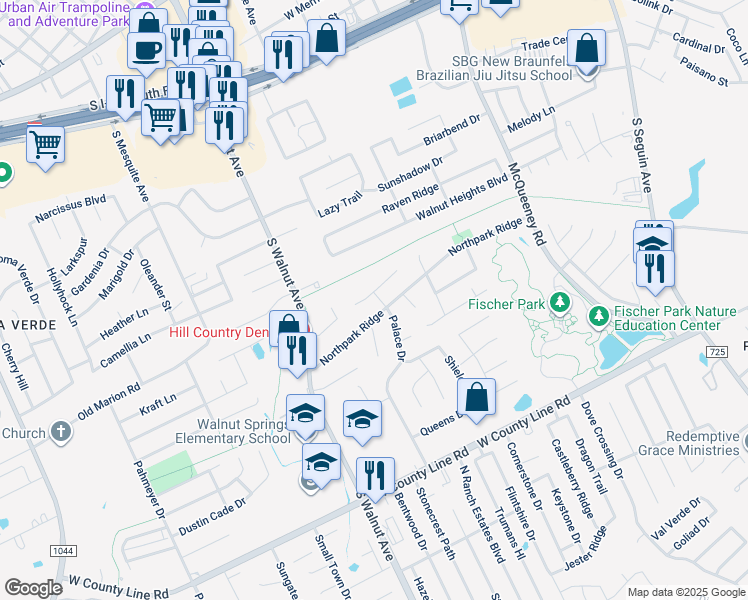 map of restaurants, bars, coffee shops, grocery stores, and more near 955 Parkdale Drive in New Braunfels