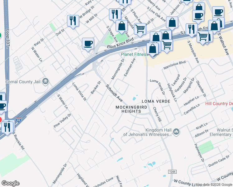 map of restaurants, bars, coffee shops, grocery stores, and more near 2722 Cinnamon Teal in New Braunfels