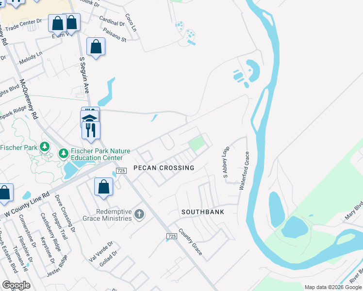 map of restaurants, bars, coffee shops, grocery stores, and more near 495 Pecan Forest in New Braunfels