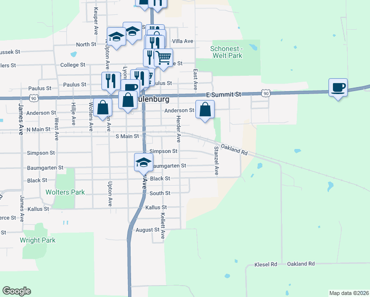 map of restaurants, bars, coffee shops, grocery stores, and more near 904 Herder Avenue in Schulenburg