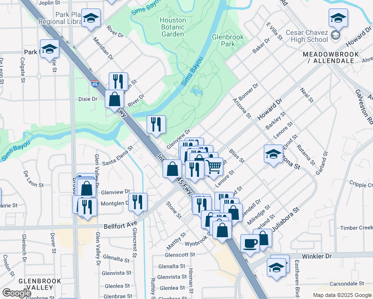 map of restaurants, bars, coffee shops, grocery stores, and more near 8303 Winkler Drive in Houston