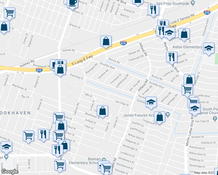 map of restaurants, bars, coffee shops, grocery stores, and more near 4934 Southwind Street in Houston