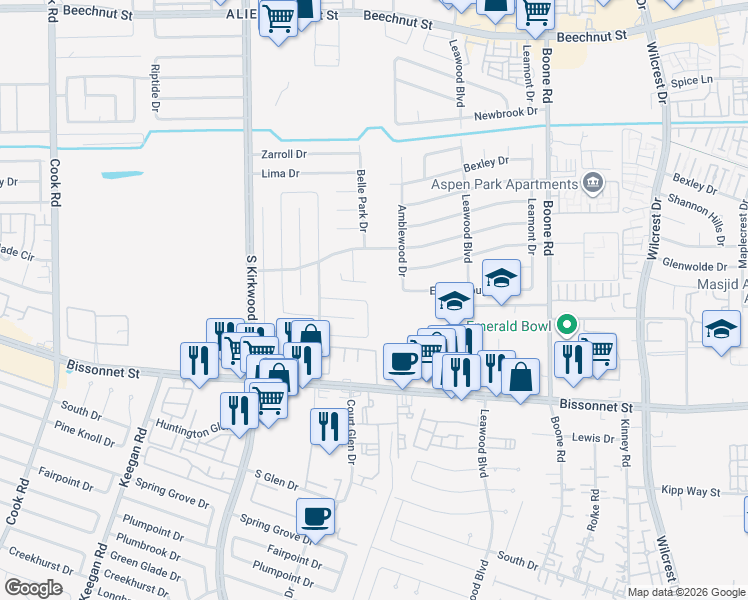map of restaurants, bars, coffee shops, grocery stores, and more near 9307 Belle Park Drive in Houston