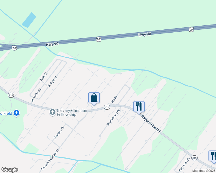 map of restaurants, bars, coffee shops, grocery stores, and more near 225 Melanie Lane in Houma